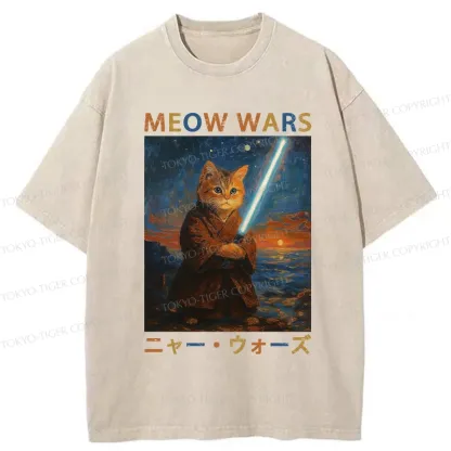 Tokyo-Tiger Funny Meow Wars Washed T-Shirt