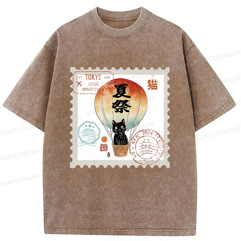 Tokyo-Tiger Japanese Cat Stamp Washed T-Shirt
