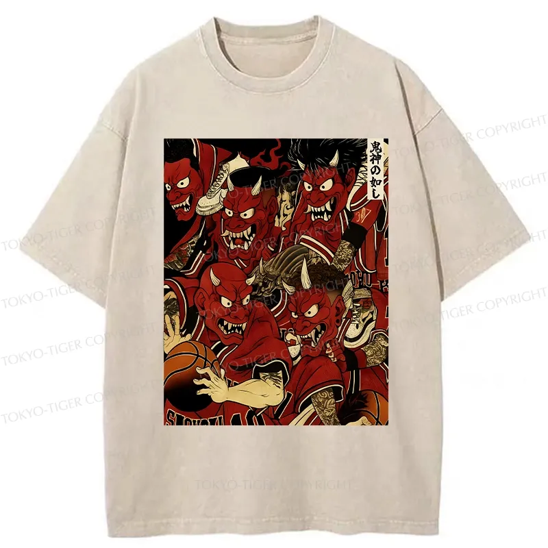 Tokyo-Tiger Demons Playing Basketball Washed T-Shirt