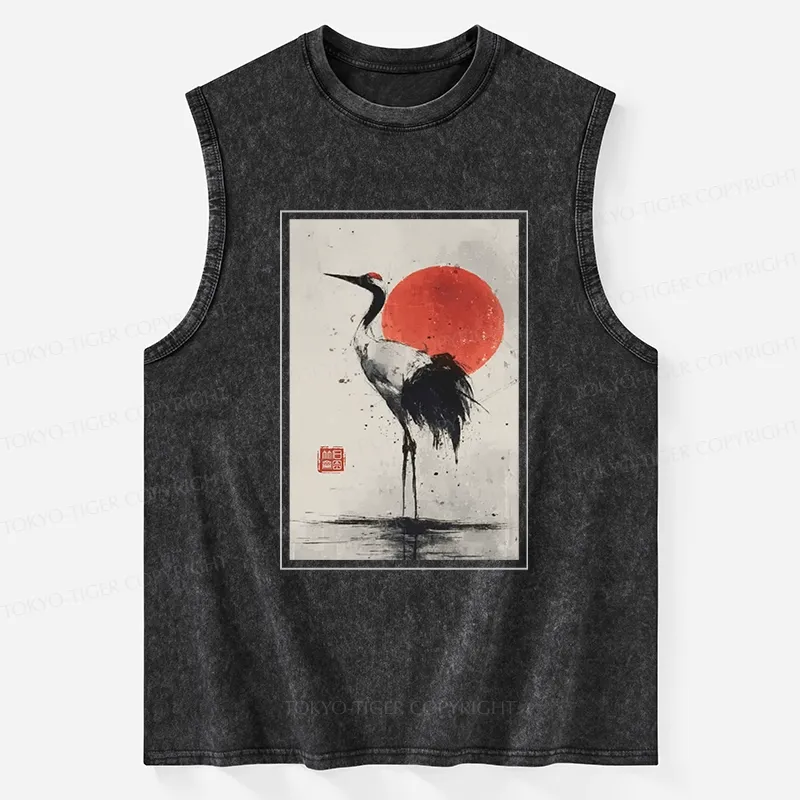 Tokyo-Tiger Retro Japanese Red-crowned Crane Washed Tank