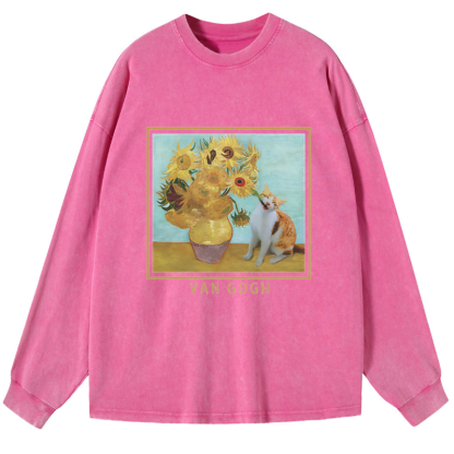Tokyo-Tiger Naughty Cat Biting Sunflower Washed Long Sleeve T-Shirt