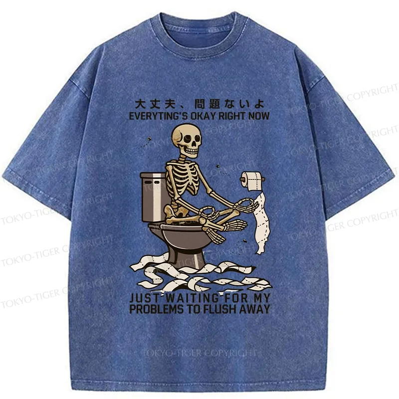 Tokyo-Tiger Funny Flushing Away Skeleton’s Question Washed T-Shirt