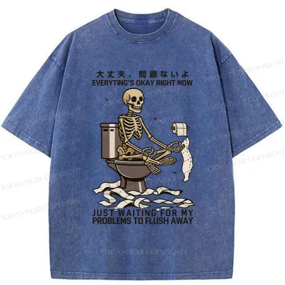 Tokyo-Tiger Funny Flushing Away Skeleton’s Question Washed T-Shirt