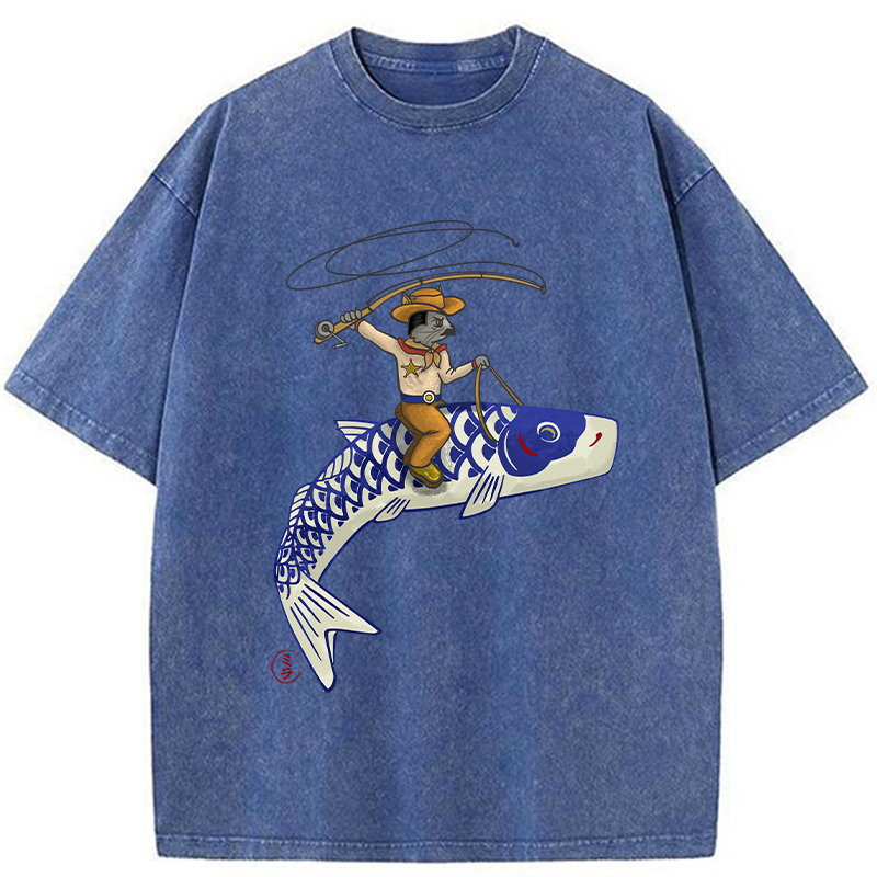Tokyo-Tiger Cowboy Mouse Ride Fish Washed T-Shirt