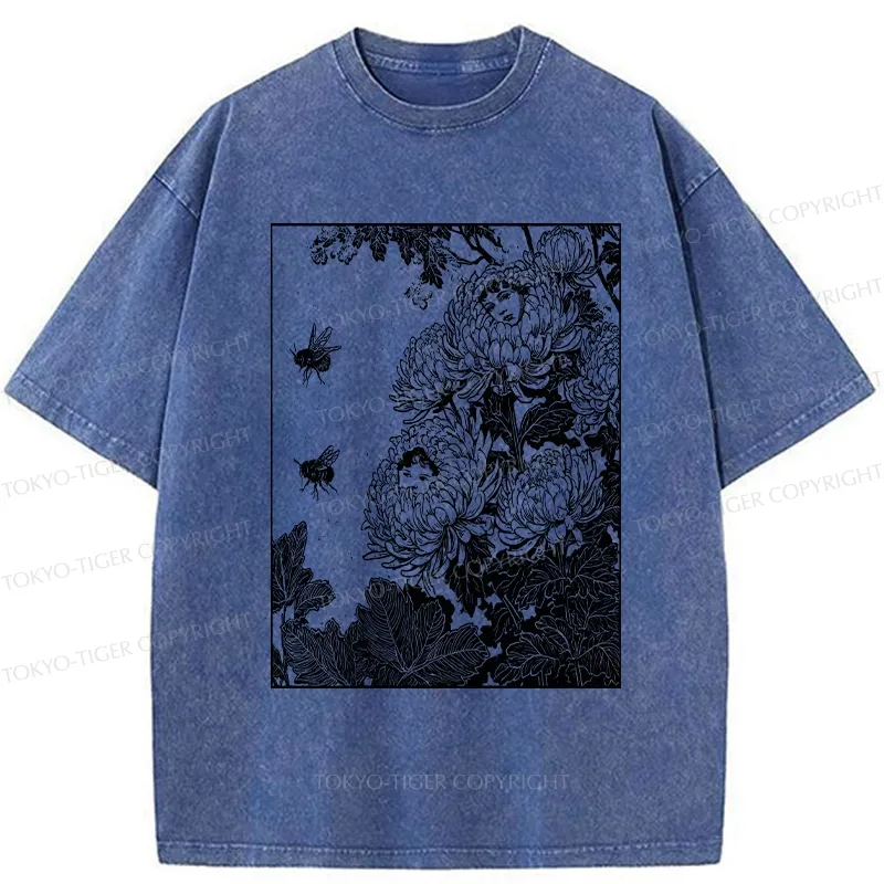 Tokyo-Tiger Chrysanthemums With Hidden Elf Washed T-Shirt