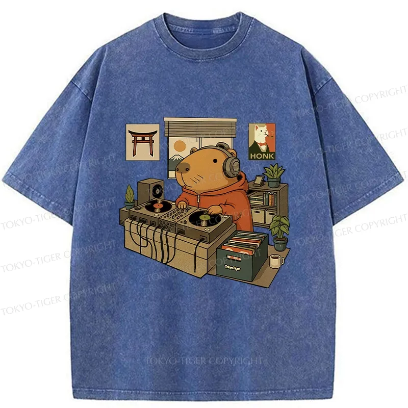 Tokyo-Tiger Funny Capybara DJ Washed T-Shirt