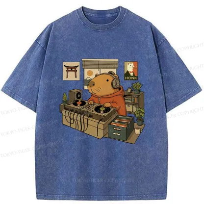 Tokyo-Tiger Funny Capybara DJ Washed T-Shirt