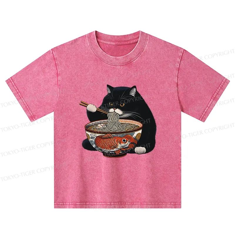 Tokyo-Tiger Fat Cat Eating Ramen Kids Washed T-Shirt