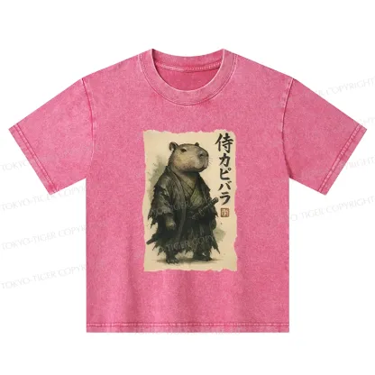 Tokyo-Tiger Capybara Samurai Kids Washed T-Shirt