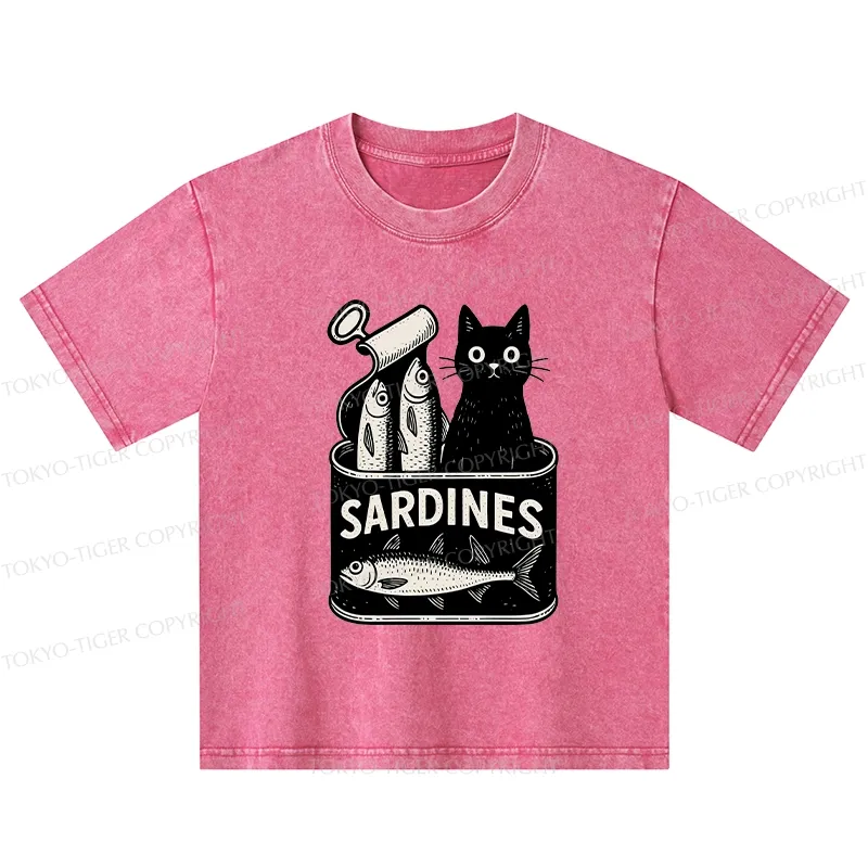 Tokyo-Tiger Cat And Canned Fish Kids Washed T-Shirt