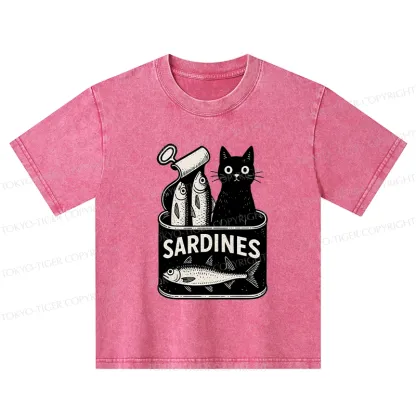 Tokyo-Tiger Cat And Canned Fish Kids Washed T-Shirt