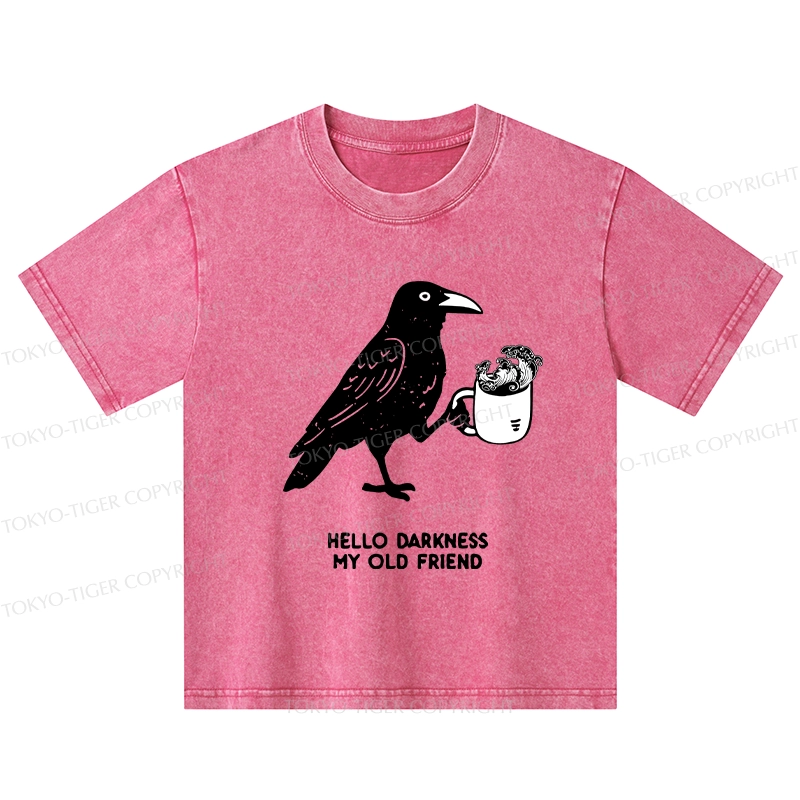 Tokyo-Tiger Crow Drinking Black Coffee Funny Kids Washed T-Shirt