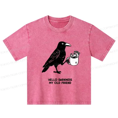 Tokyo-Tiger Crow Drinking Black Coffee Funny Kids Washed T-Shirt