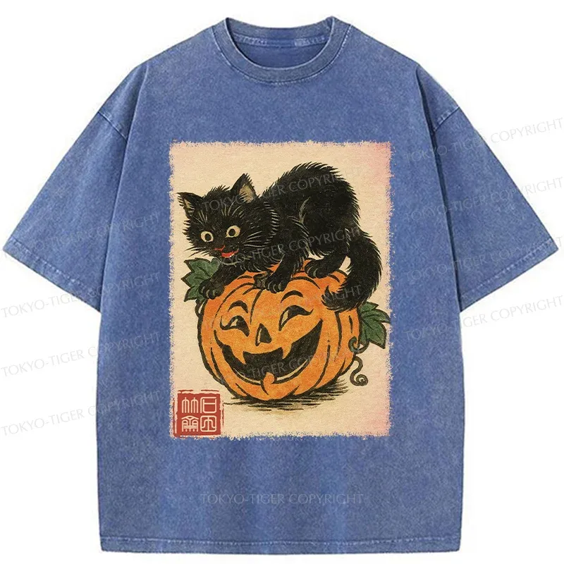 Tokyo-Tiger Black Cat And Pumpkin Washed T-Shirt