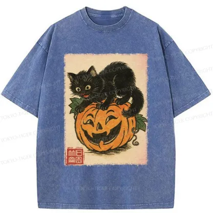 Tokyo-Tiger Black Cat And Pumpkin Washed T-Shirt