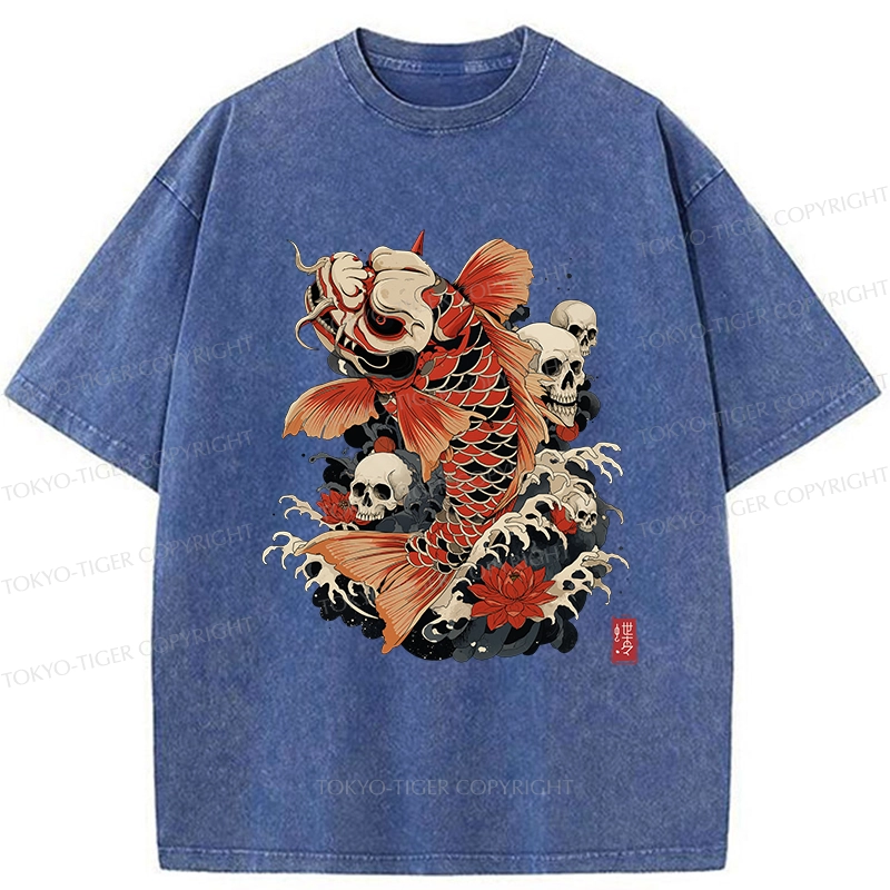 Tokyo-Tiger Japanese Koi And Skull Washed T-Shirt