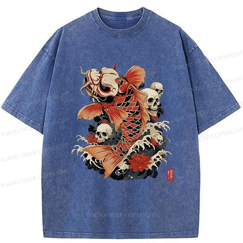 Tokyo-Tiger Japanese Koi And Skull Washed T-Shirt