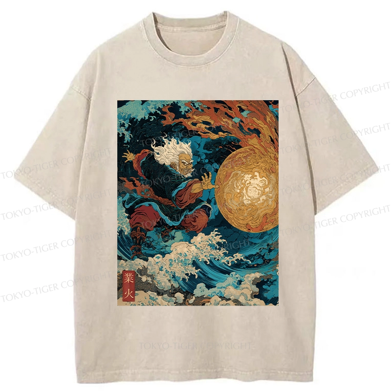 Tokyo-Tiger Samurai Controls Fireball Washed T-Shirt