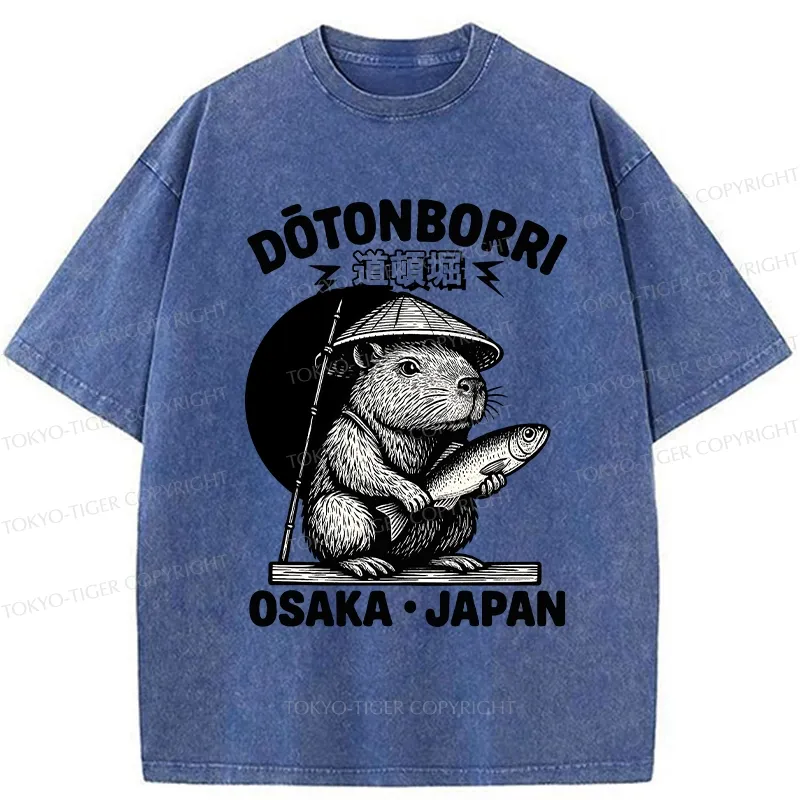 Tokyo-Tiger Capybara Holding A Fish Washed T-Shirt