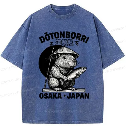 Tokyo-Tiger Capybara Holding A Fish Washed T-Shirt