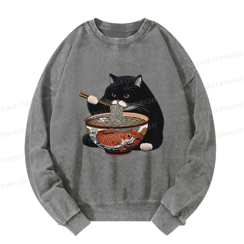 Tokyo-Tiger Fat Cat Eating Ramen Washed Sweatshirt
