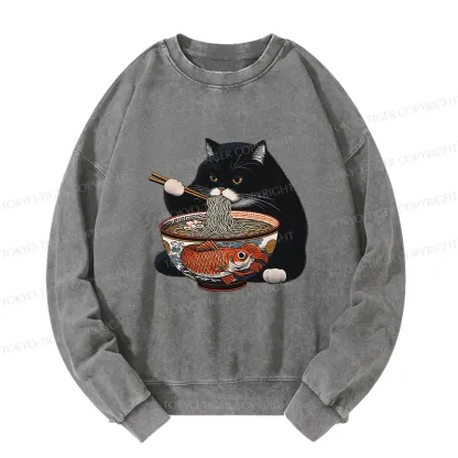 Tokyo-Tiger Fat Cat Eating Ramen Washed Sweatshirt