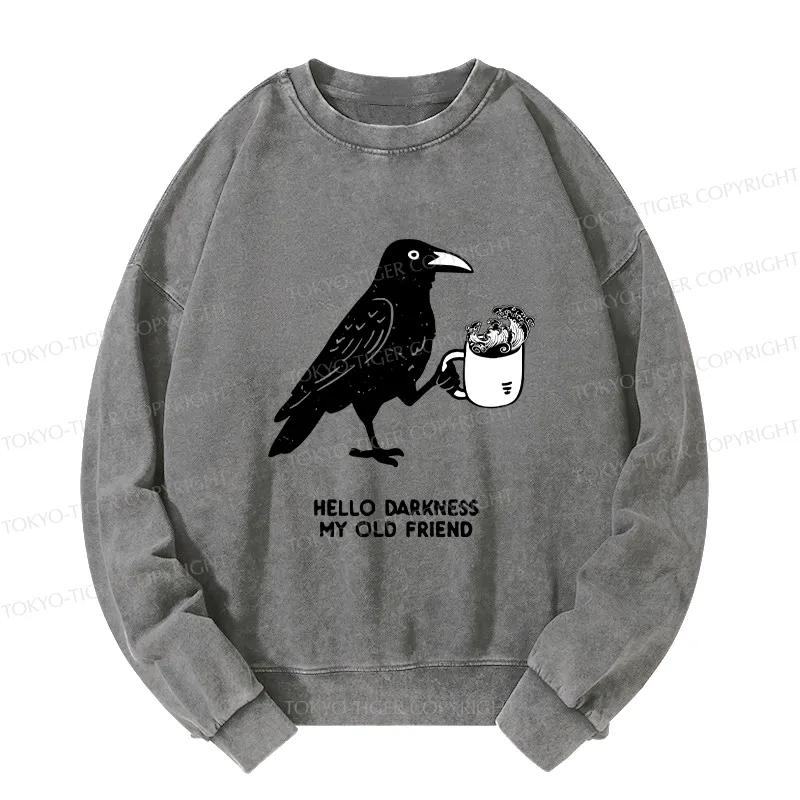 Tokyo-Tiger Crow Drinking Black Coffee Funny Washed Sweatshirt