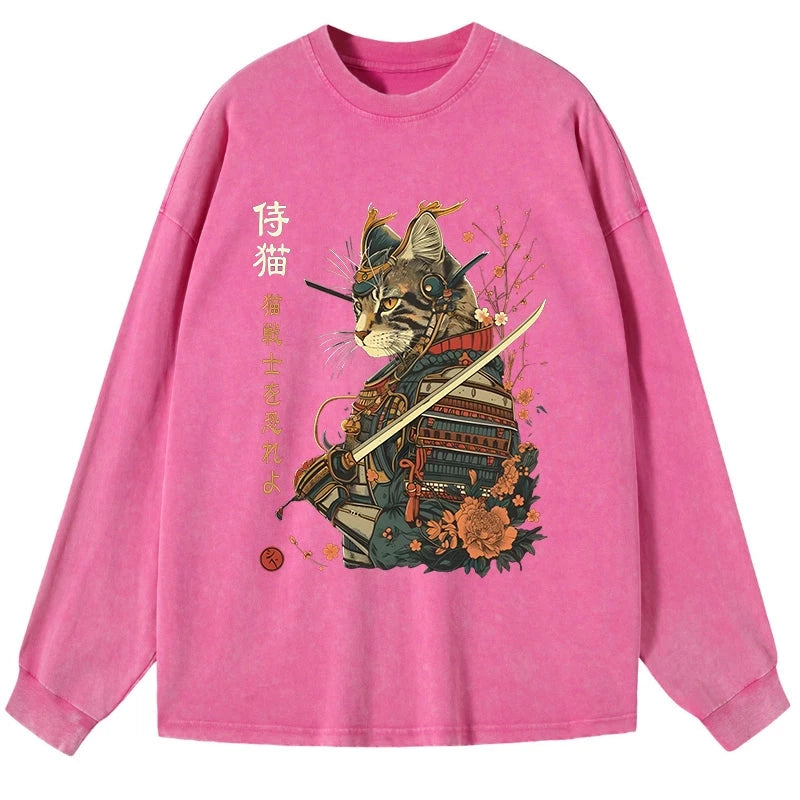 Tokyo-Tiger Cat Samurai Japanese Art Washed Long Sleeve T-Shirt