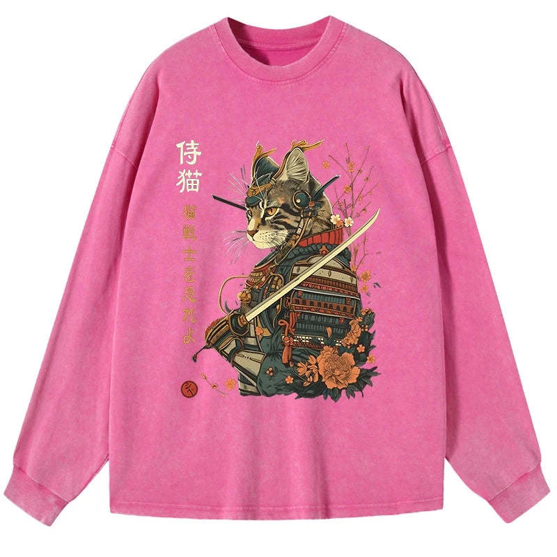 Tokyo-Tiger Cat Samurai Japanese Art Washed Long Sleeve T-Shirt