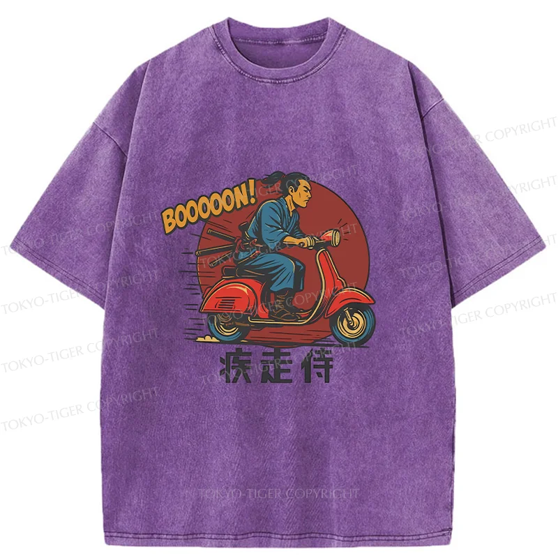 Tokyo-Tiger Samurai On Motorcycle Washed T-Shirt
