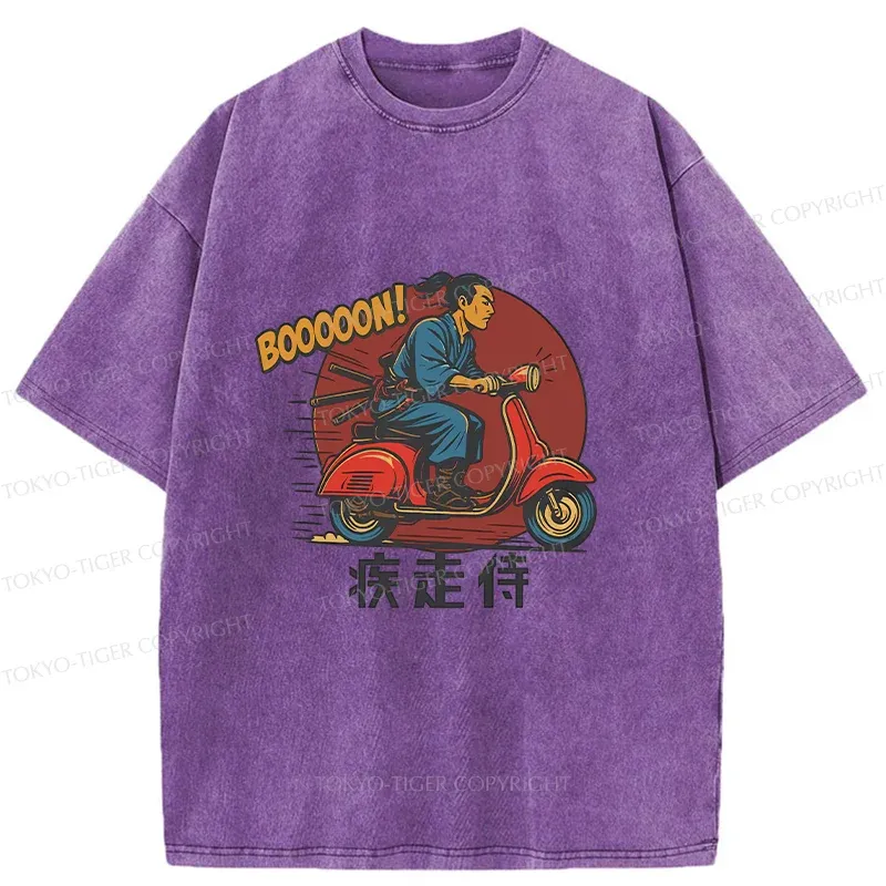 Tokyo-Tiger Samurai On Motorcycle Washed T-Shirt