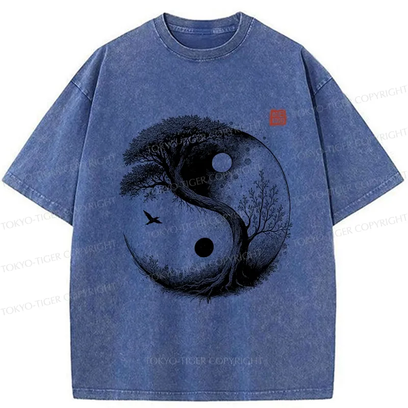 Tokyo-Tiger Yin Yang Bonsai Tree Washed T-Shirt