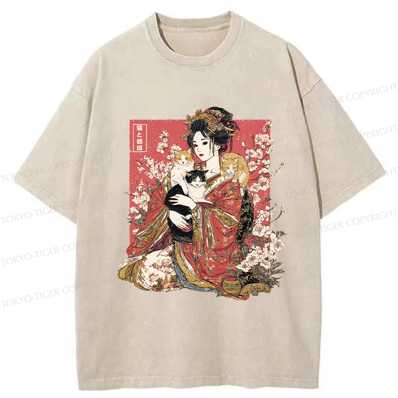 Tokyo-Tiger Geisha And Cats Washed T-Shirt