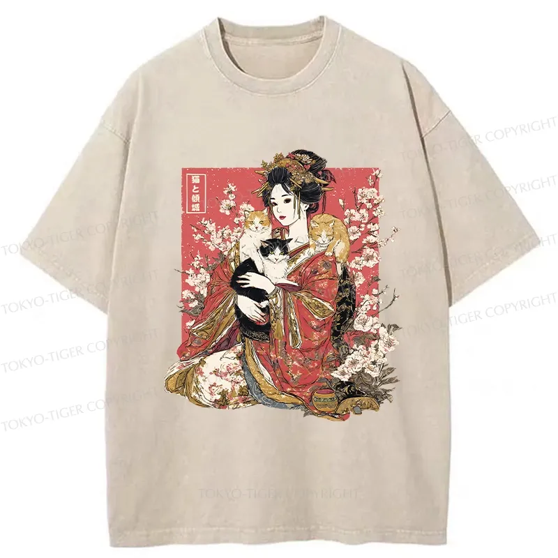 Tokyo-Tiger Geisha And Cats Washed T-Shirt