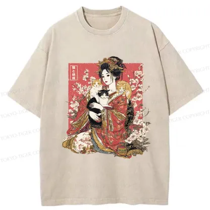 Tokyo-Tiger Geisha And Cats Washed T-Shirt