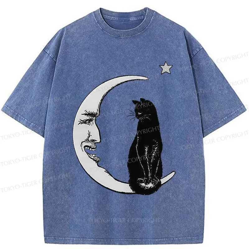 Tokyo-Tiger Moon And Cat Washed T-Shirt