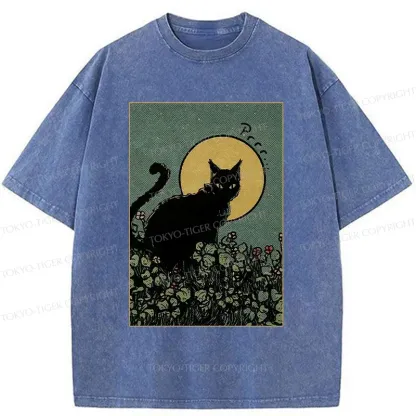 Tokyo-Tiger Black Cat At Night Washed T-Shirt