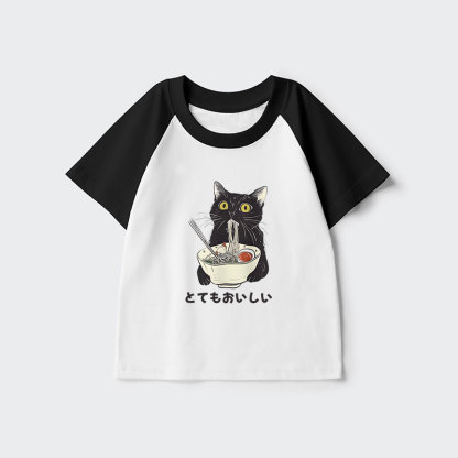Tokyo-Tiger Cats Eat Ramen Noodles Kids Raglan T-shirt