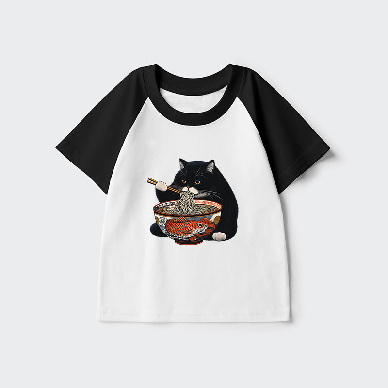Tokyo-Tiger Fat Cat Eating Ramen Kids Raglan T-shirt