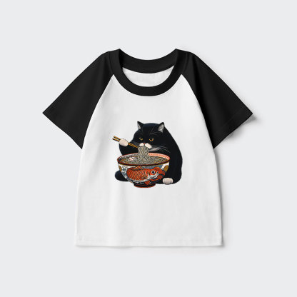 Tokyo-Tiger Fat Cat Eating Ramen Kids Raglan T-shirt