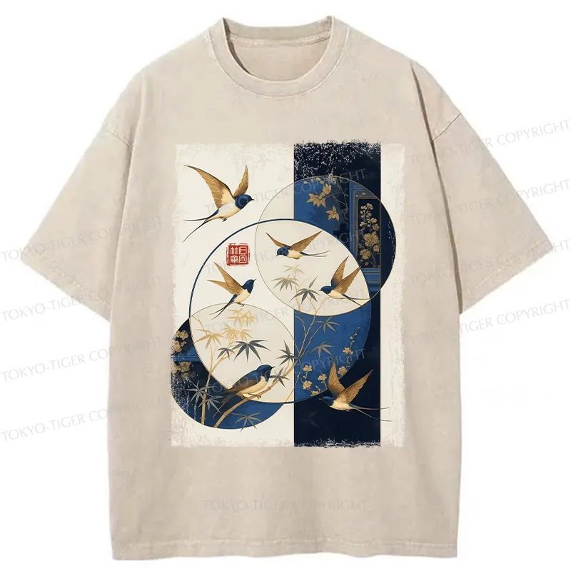 Tokyo-Tiger Swallows Among The Bamboo Washed T-Shirt