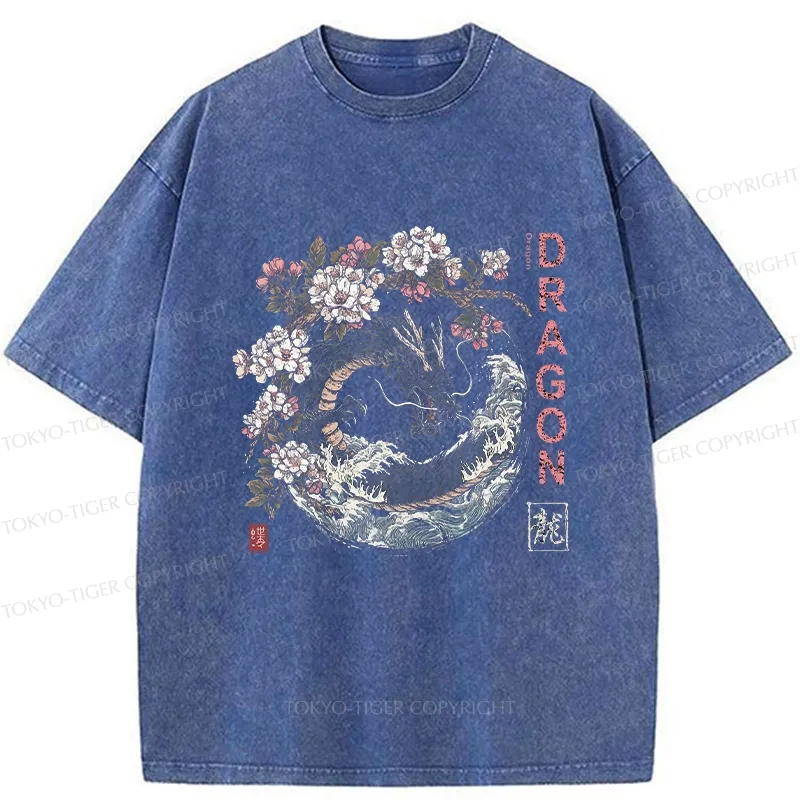 Tokyo-Tiger The Sakura Dragon Meets Wave Washed T-Shirt