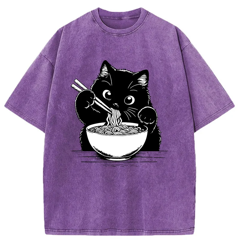 Tokyo-Tiger Cute Cat Eating Ramen Washed T-Shirt