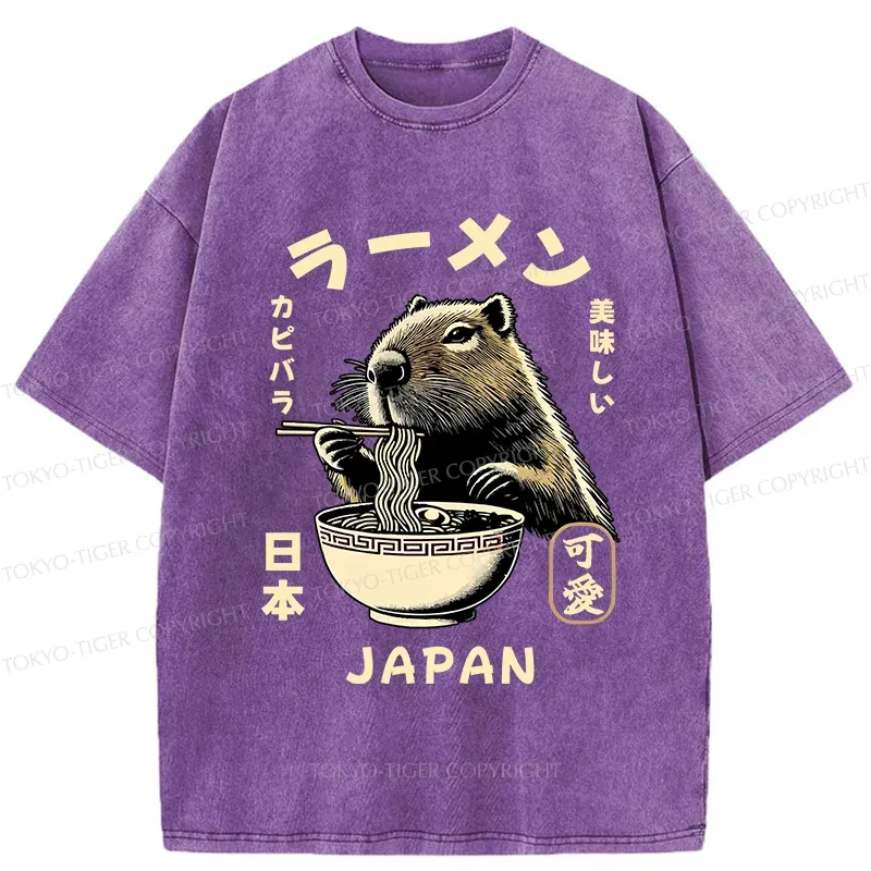 Tokyo-Tiger Retro Capybara Eating Ramen Washed T-Shirt