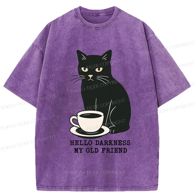Tokyo-Tiger Black Cat Drinking Coffee Washed T-Shirt