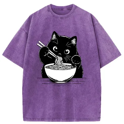 Tokyo-Tiger Cute Cat Eating Ramen Washed T-Shirt