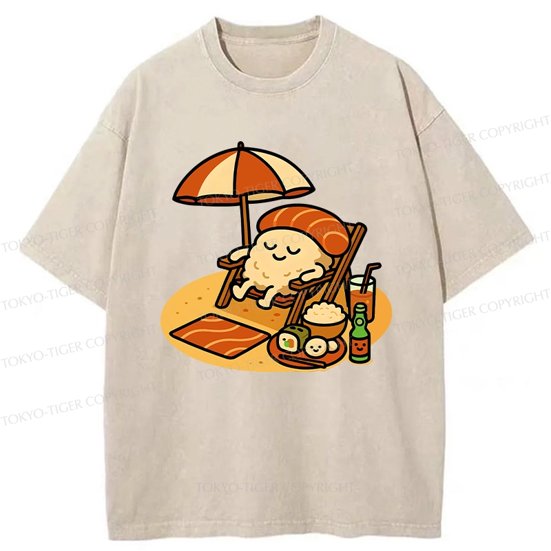 Tokyo-Tiger Funny Sushi Enjoying Sunbathing Washed T-Shirt