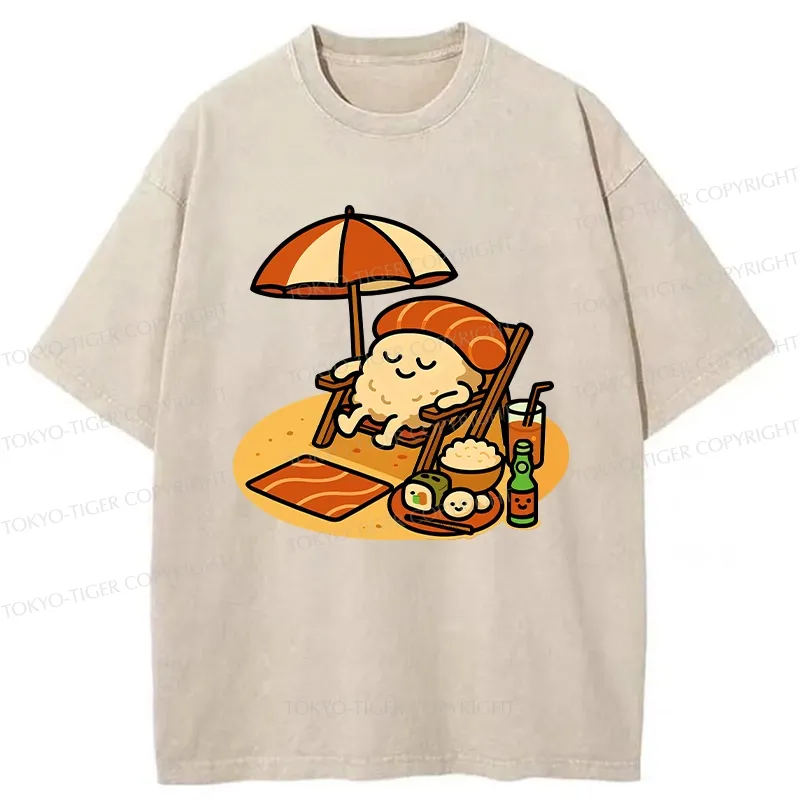 Tokyo-Tiger Funny Sushi Enjoying Sunbathing Washed T-Shirt