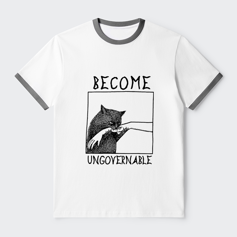 Tokyo-Tiger Cat Biting Arm Contrast Trim T-Shirt