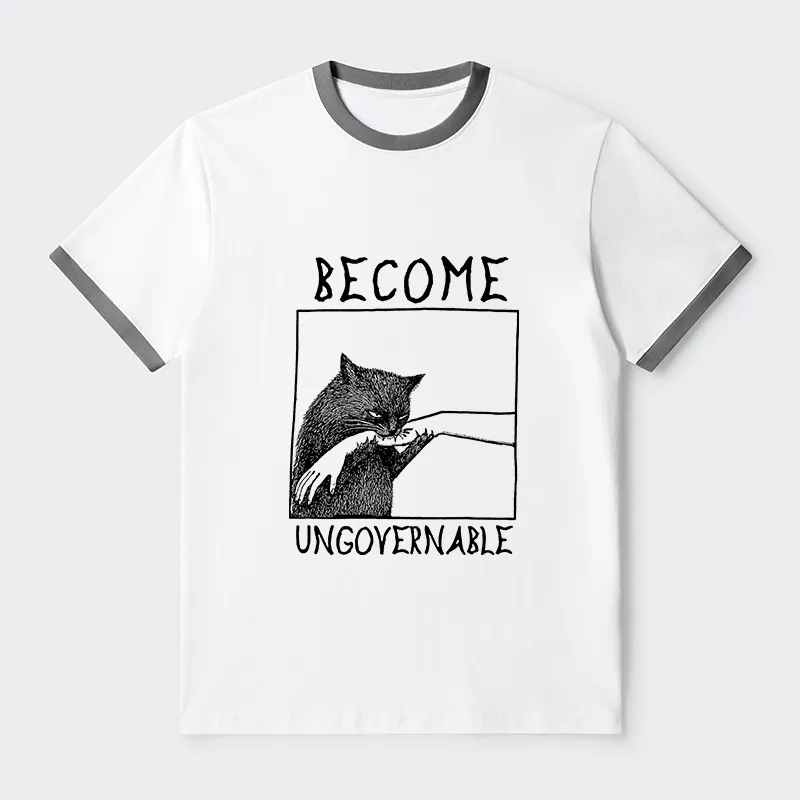 Tokyo-Tiger Cat Biting Arm Contrast Trim T-Shirt